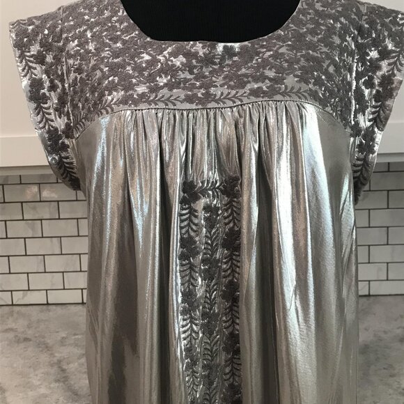 Savanna Jane Dress Womens Large Silver Metallic Embroidered Boho Lauren Ferrell - Picture 2 of 11